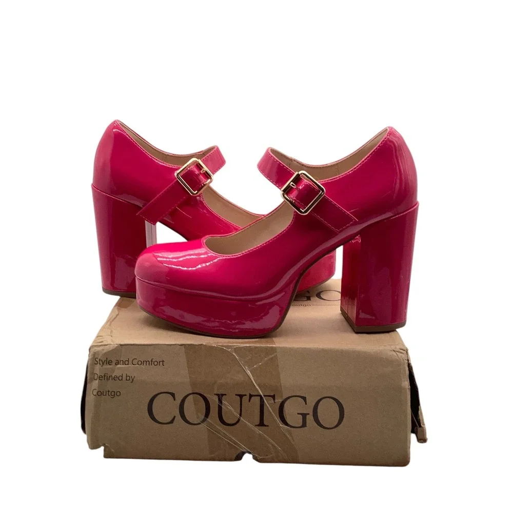 Coutgo Womens Hot Pink Patent Mary Jane Platform Chunky Block Heel Pumps 7.5